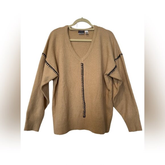 BELOVED WOMAN Beige V-Neck Sweater with Black Stitching - Picture 1 of 5